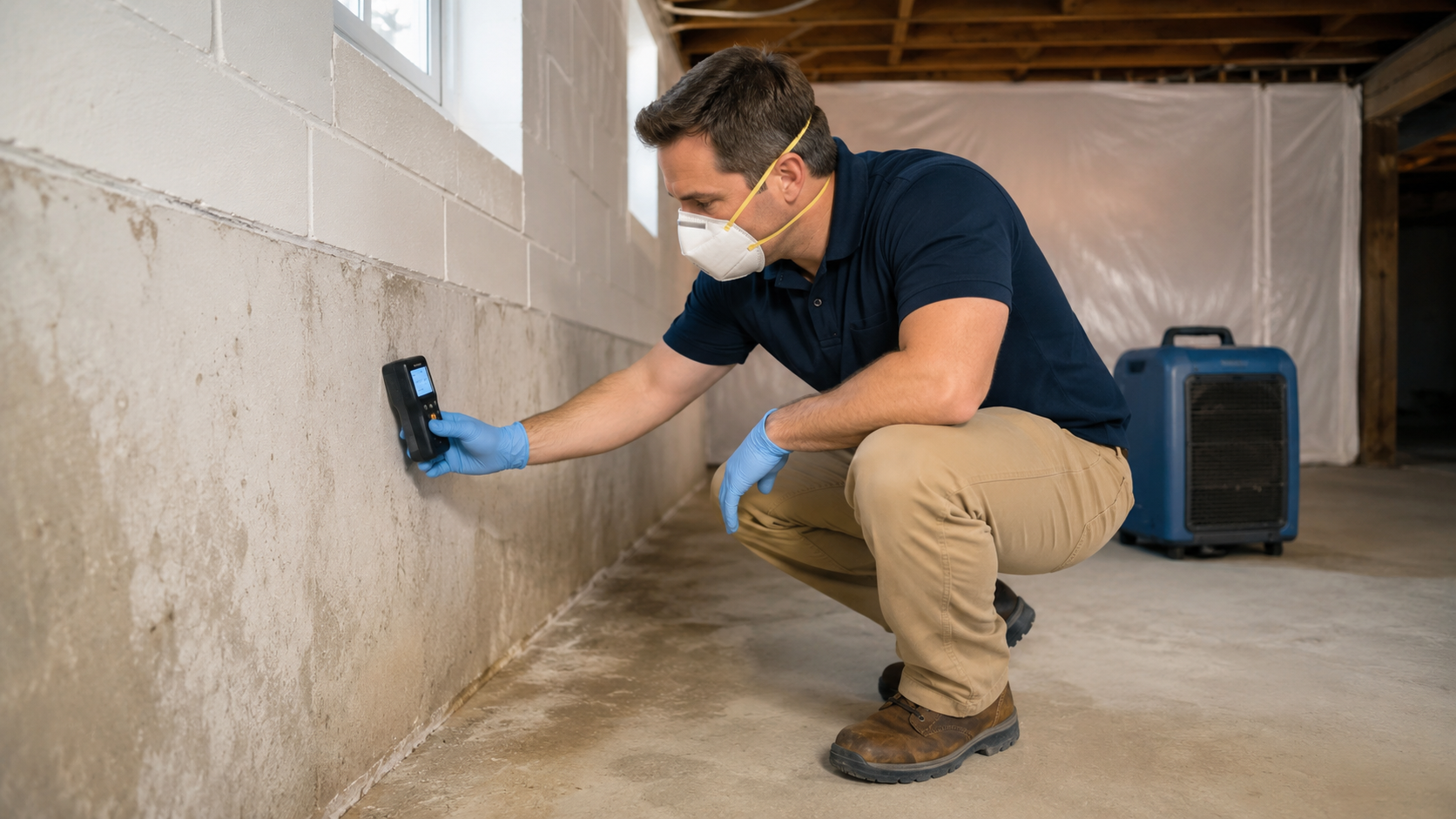 Mold remediation specialist using a moisture meter on a Manassas VA home wall