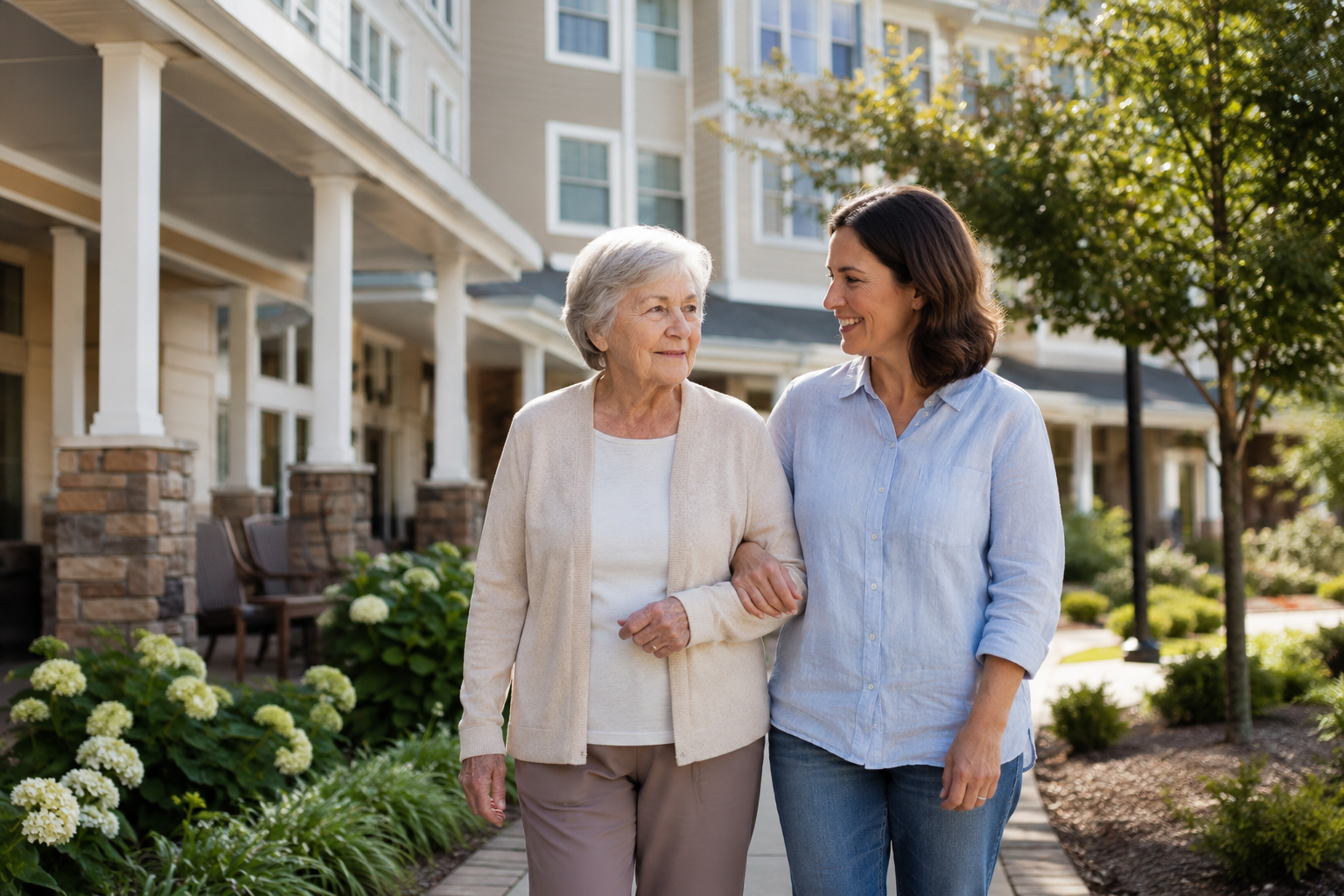 Family member walking with elderly parent on the grounds of a Woodbridge VA senior living community
