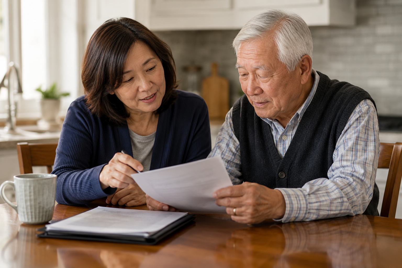 Family reviewing senior living options and documents together at home